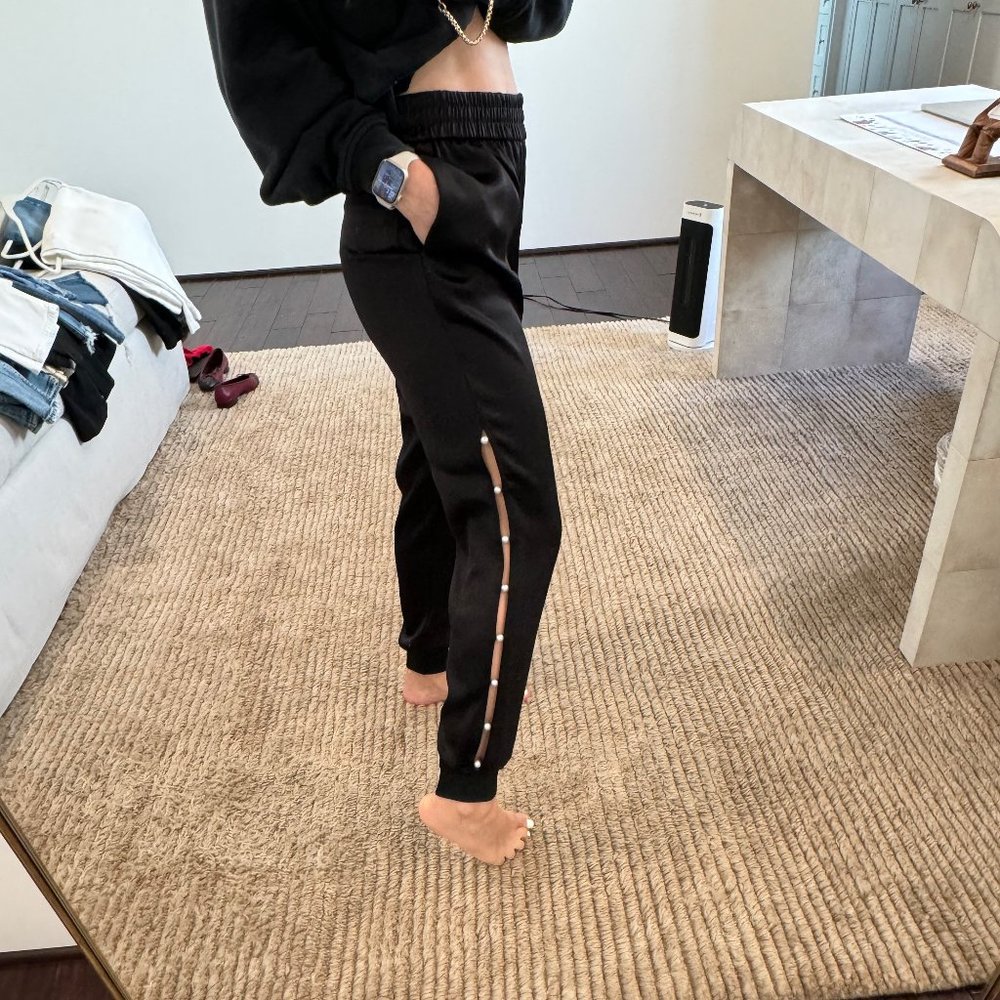 Alice + Olivia Black Satin Joggers with Pears